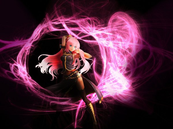Anime picture 1024x768 with original vocaloid megurine luka oscarsama single long hair highres breasts open mouth blue eyes pink hair light smile bare belly leather girl gold