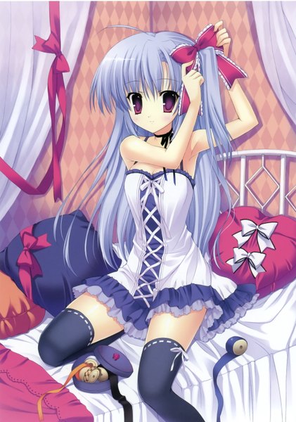Anime picture 2212x3155 with mitha single long hair tall image highres red eyes blue hair cleavage ahoge one side up girl thighhighs bow ribbon (ribbons) hair bow hair ribbon bed