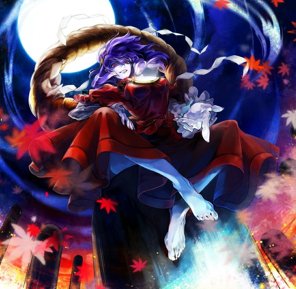 Anime picture 1102x1077 with touhou yasaka kanako yukizen single looking at viewer short hair red eyes purple hair barefoot night from below magic weightlessness girl leaf (leaves) moon full moon toes autumn leaves rope
