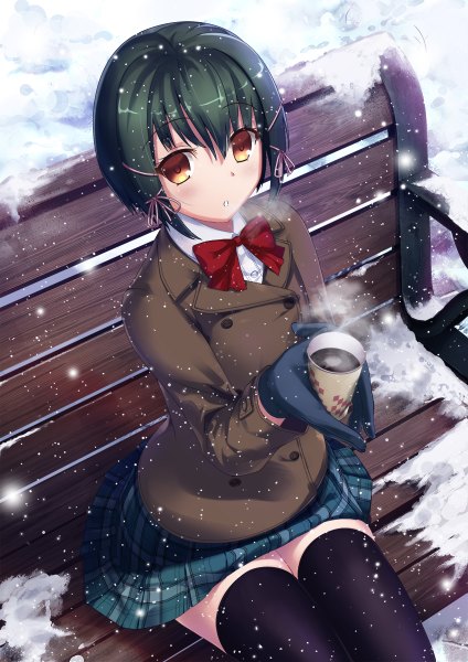 Anime picture 848x1200 with original yoshida takuma single tall image looking at viewer fringe short hair black hair hair between eyes sitting brown eyes from above snowing winter snow steam tress ribbon girl thighhighs skirt