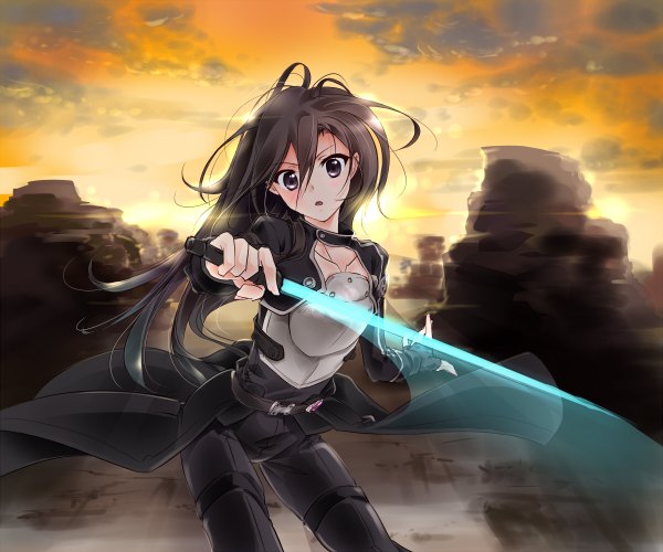 Anime picture 1200x1000 with sword art online a-1 pictures kirigaya kazuto tachibana tou single long hair looking at viewer open mouth black hair sky cloud (clouds) black eyes evening sunset mountain boy gloves weapon sword black gloves