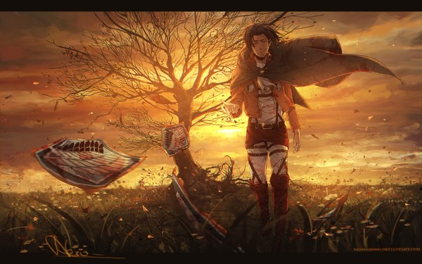 Anime picture 1500x938 with shingeki no kyojin production i.g levi (rivaille) jurikoi single short hair black hair wide image standing signed sky cloud (clouds) eyes closed wind inscription tears evening sunset crying bare tree
