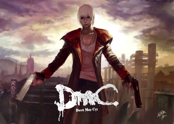 Anime picture 1500x1070 with devil may cry dante (devil may cry) kikira single short hair signed white hair realistic inscription city boy weapon gun pendant building (buildings) coat