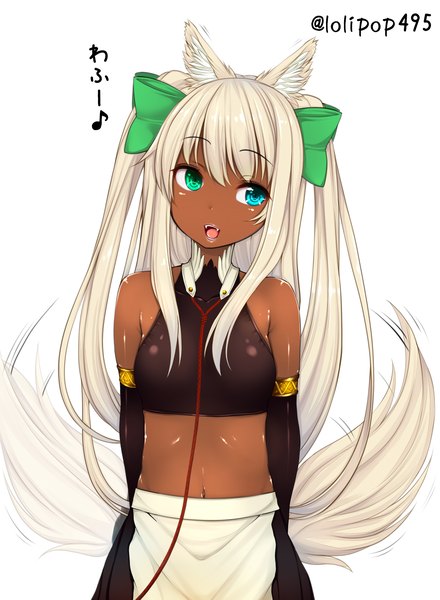 Anime picture 2200x3000 with original kiyomin single long hair tall image looking at viewer highres open mouth blue eyes white background bare shoulders animal ears white hair two side up dark skin girl bow hair bow apron