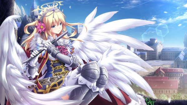 Anime picture 1280x720 with kami no rhapsody eushully single long hair blue eyes blonde hair wide image game cg hair flower girl dress hair ornament flower (flowers) wings boots armor
