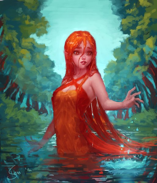 Anime picture 3000x3500 with original senryuji single long hair tall image highres looking away sky lips orange hair wet orange eyes partially submerged wet clothes girl dress plant (plants) tree (trees) water