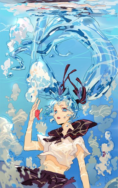 Anime picture 600x960 with vocaloid hatsune miku bottle miku xiayu93 single tall image open mouth blue eyes twintails blue hair looking away very long hair bare belly underwater liquid hair girl navel uniform ribbon (ribbons) hair ribbon