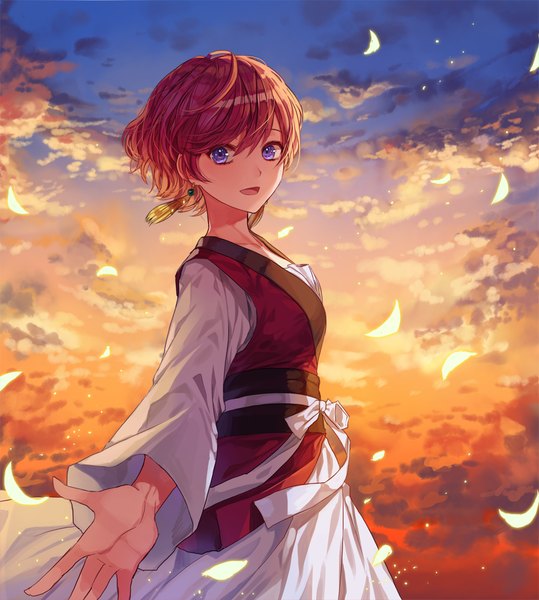 Anime picture 1000x1112 with akatsuki no yona studio pierrot yona (akatsuki no yona) kim eb single tall image looking at viewer fringe short hair open mouth smile hair between eyes purple eyes sky cloud (clouds) red hair traditional clothes :d wind wide sleeves