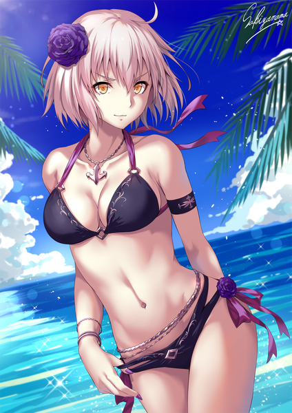 Anime picture 800x1131 with fate (series) fate/grand order jeanne d'arc (fate) (all) jeanne d'arc alter (fate) sakiyamama single tall image looking at viewer fringe short hair breasts light erotic hair between eyes signed yellow eyes sky cloud (clouds) ahoge white hair nail polish