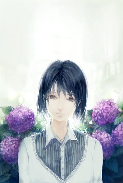 Anime picture 680x1010 with original oxalicacid (artist) single tall image looking at viewer short hair black hair simple background light smile grey eyes striped girl flower (flowers) shirt pendant hydrangea
