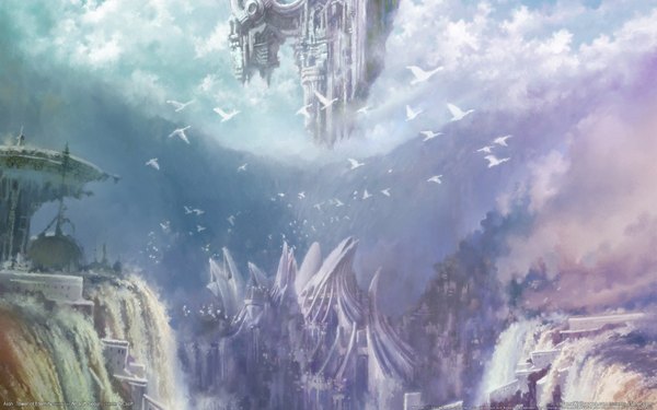 Anime picture 1920x1200 with aion highres wide image animal bird (birds) building (buildings) castle