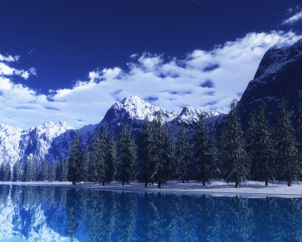 Anime picture 1280x1024 with original trbrchdm sky cloud (clouds) shadow reflection snow mountain landscape lake plant (plants) tree (trees) water forest