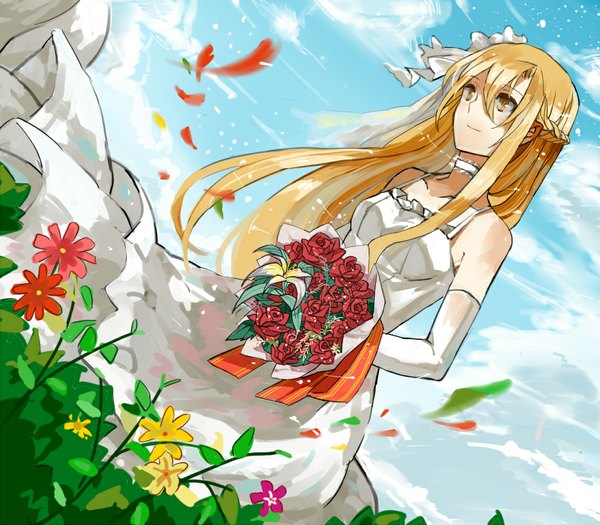 Anime picture 1113x974 with sword art online a-1 pictures yuuki asuna zn (vanessa07) single long hair blonde hair smile bare shoulders brown eyes looking away sky cloud (clouds) braid (braids) girl dress gloves hair ornament flower (flowers) plant (plants)