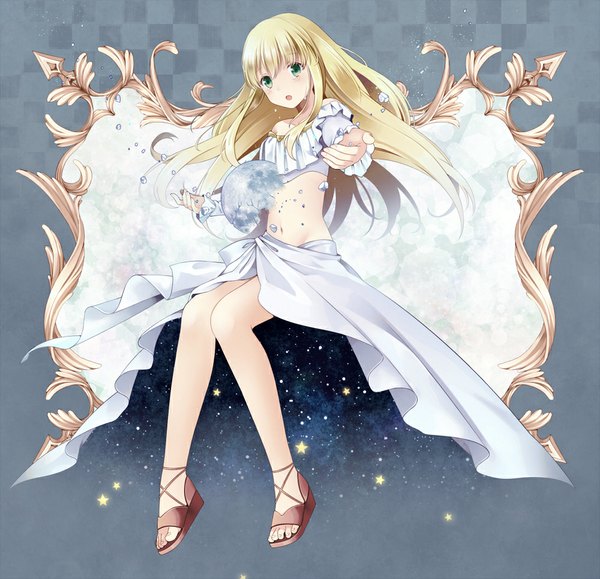 Anime picture 1000x965 with aldnoah.zero a-1 pictures asseylum vers allusia ootaaa00 single long hair looking at viewer blush fringe open mouth blonde hair green eyes night bare belly bare legs night sky framed checkered space abstract