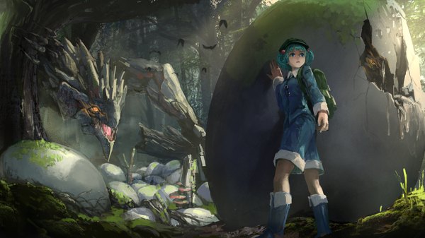 Anime picture 2309x1299 with touhou monster hunter kawashiro nitori rathian kaatoso highres short hair open mouth blue eyes wide image standing twintails looking away full body looking back green hair from below two side up alternate costume fantasy