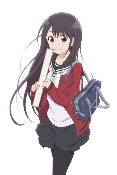 Anime picture 640x950 with senryuu shoujo yukishiro nanako hashimoto maki single long hair tall image looking at viewer blush fringe black hair simple background smile standing white background holding brown eyes long sleeves pleated skirt open clothes official art
