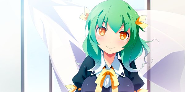 Anime picture 2400x1200 with kaminoyu (game) long hair highres smile wide image game cg green hair orange eyes girl