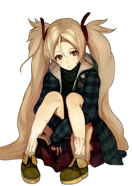 Anime picture 773x1093 with shirabi single long hair tall image looking at viewer blonde hair red eyes white background sitting twintails long sleeves open clothes open jacket plaid girl skirt socks shoes jacket book (books)