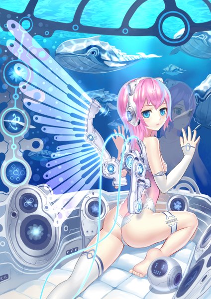 Anime picture 1754x2480 with original k+ single long hair tall image highres blue eyes light erotic pink hair looking back barefoot legs underwater mechanical wings futuristic girl wings headphones fish (fishes)