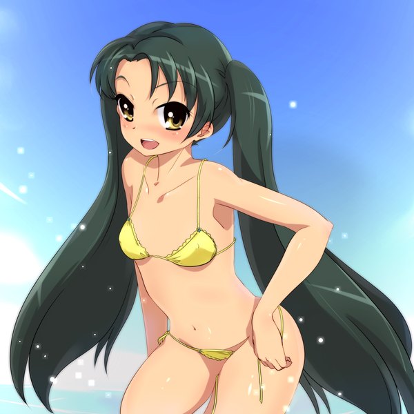 Anime picture 1800x1800 with suzumiya haruhi no yuutsu kyoto animation tsuruya haruhisky single blush highres open mouth light erotic black hair twintails very long hair girl navel swimsuit bikini