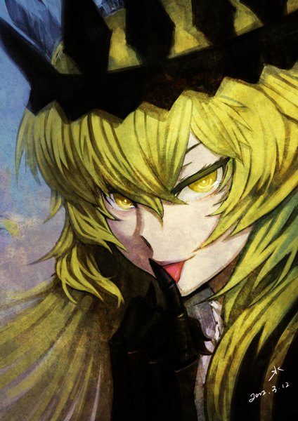 Anime picture 2480x3508 with black rock shooter chariot (black rock shooter) izuriha kagari shuizhanglang single long hair tall image looking at viewer highres blonde hair signed yellow eyes finger to mouth girl crown