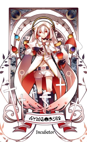 Anime picture 1200x1943 with mahou shoujo madoka magica shaft (studio) kyuubee dhiea single tall image short hair smile red eyes white hair gloves shorts hood cross apple white shorts