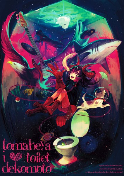 Anime picture 1252x1771 with original totsu hon (artist) tall image purple eyes multicolored hair horn (horns) inscription teeth fang (fangs) underwater girl gloves animal water bird (birds) insect butterfly cat bubble (bubbles) fish (fishes)
