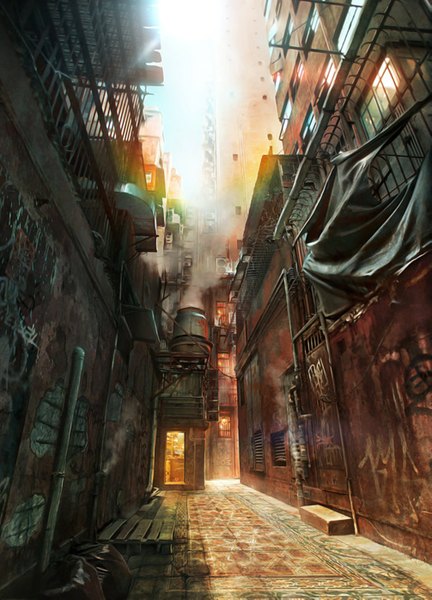 Anime picture 1005x1395 with original jonas de ro (jenovah-art) tall image sky sunlight smoke steam alley window door balcony