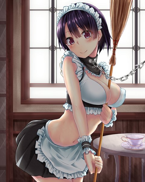 Anime picture 840x1050 with original jack dempa single tall image looking at viewer blush short hair breasts light erotic smile large breasts bare shoulders cleavage purple hair pink eyes bare belly midriff between breasts girl skirt