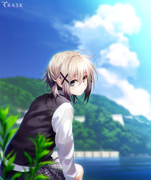 Anime picture 674x800 with re:lief ~shin'ai naru anata e~ mhlia blanco mocha (cotton) single tall image looking at viewer fringe short hair blonde hair hair between eyes sky cloud (clouds) ahoge outdoors head tilt looking back grey eyes girl uniform plant (plants)