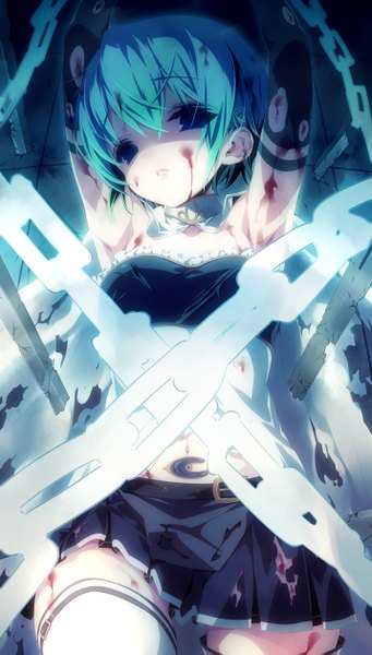 Anime picture 716x1259 with mahou shoujo madoka magica shaft (studio) miki sayaka show (rinnetenshow) single tall image looking at viewer short hair blue eyes blue hair girl thighhighs skirt white thighhighs blood chain