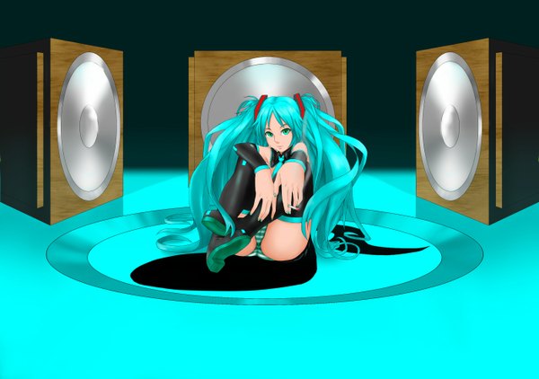 Anime picture 1400x986 with vocaloid hatsune miku gario zephyr single looking at viewer light erotic twintails very long hair aqua eyes aqua hair smoking girl thighhighs underwear panties black thighhighs detached sleeves speakers