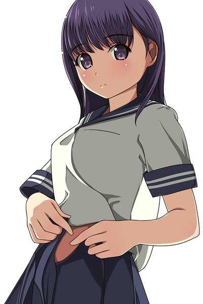 Anime picture 800x1200 with original matsunaga kouyou single long hair tall image blush black hair simple background white background purple eyes girl uniform serafuku
