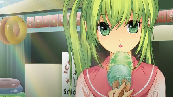 Anime picture 1920x1080 with shirahane nao highres wide image green eyes green hair girl serafuku food sweets ice cream