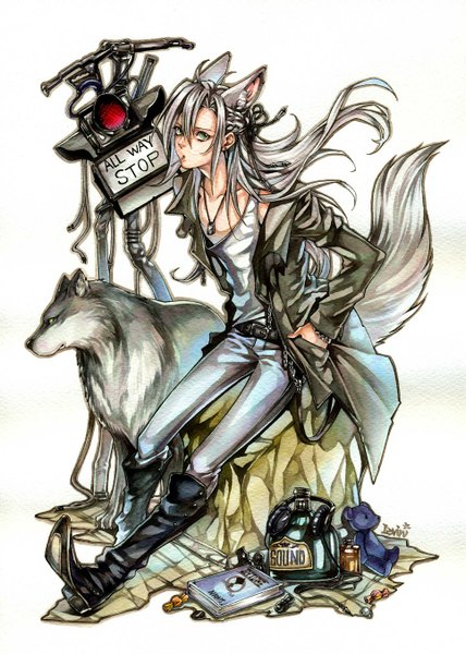 Anime picture 965x1351 with original levin (artist) long hair tall image looking at viewer fringe hair between eyes white background sitting green eyes animal ears white hair tail animal tail hands in pockets wolf ears wolf tail traditional media watercolor (medium) wolf boy