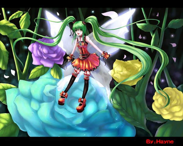 Anime picture 1500x1200 with vocaloid hatsune miku hayne (artist) single long hair open mouth twintails green eyes green hair girl thighhighs dress flower (flowers) black thighhighs petals
