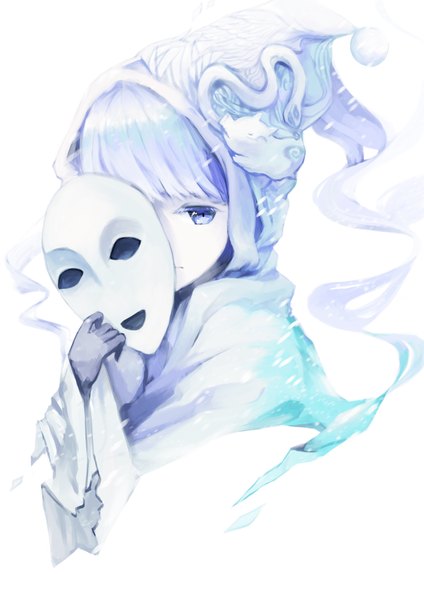 Anime picture 2480x3508 with deemo girl (deemo) masked lady (deemo) shokujin hatefukuchuu single long hair tall image looking at viewer fringe highres blue eyes simple background white background holding aqua hair snowing covering white skin girl gloves
