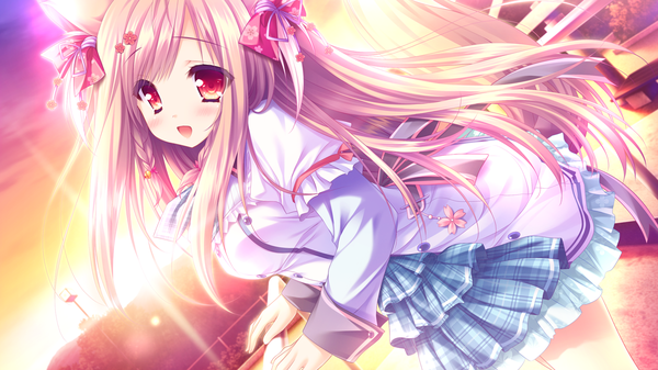 Anime picture 1280x720 with tayutama 2 mito kohaku single long hair blush open mouth red eyes brown hair wide image animal ears looking away game cg evening sunset girl dress bow hair bow