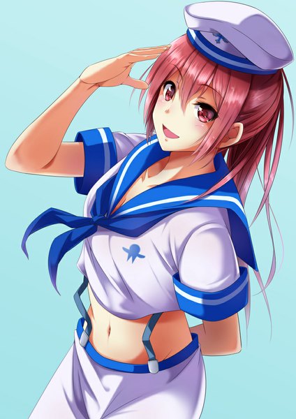 Anime picture 723x1023 with free! kyoto animation matsuoka gou fukuma single long hair tall image open mouth smile red eyes ponytail red hair girl beret sailor suit
