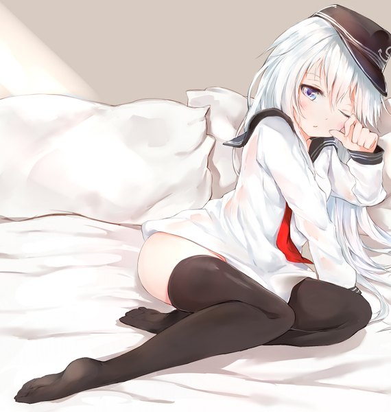 Anime picture 1900x2000 with kantai collection hibiki destroyer silver (chenwen) single long hair tall image looking at viewer blush fringe highres blue eyes light erotic hair between eyes sitting full body bent knee (knees) white hair long sleeves one eye closed arm support