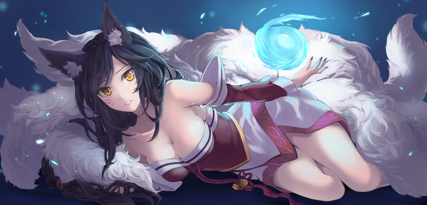 Anime picture 1756x846 with league of legends ahri (league of legends) riffey single long hair looking at viewer fringe highres breasts light erotic black hair wide image large breasts bare shoulders animal ears yellow eyes cleavage bent knee (knees) tail lying