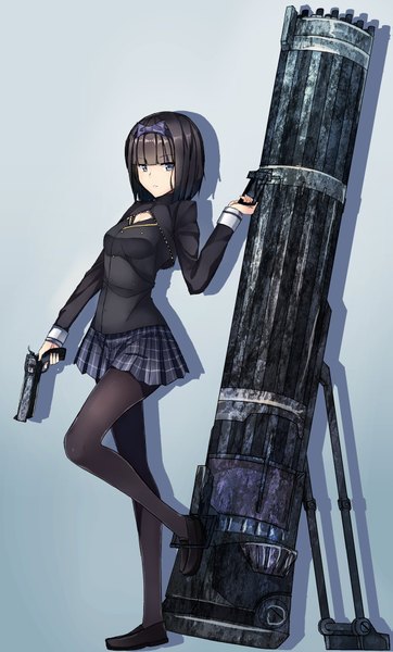 Anime picture 1127x1865 with original 90i single tall image looking at viewer short hair blue eyes black hair simple background pleated skirt shadow plaid skirt girl skirt weapon miniskirt pantyhose hairband gun huge weapon