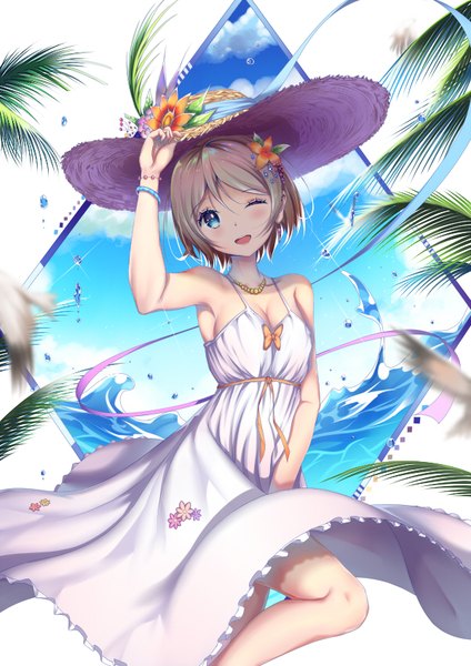 Anime picture 600x848 with love live! sunshine!! sunrise (studio) love live! watanabe you kr (sapphire) single tall image looking at viewer blush fringe short hair breasts open mouth blue eyes bare shoulders holding sky cloud (clouds) bent knee (knees) head tilt