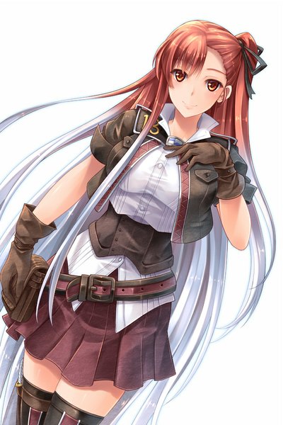 Anime picture 660x990 with valkyria chronicles riela marcellis makirin single tall image looking at viewer fringe breasts simple background red eyes large breasts white background silver hair red hair very long hair pleated skirt multicolored hair light smile open jacket short sleeves