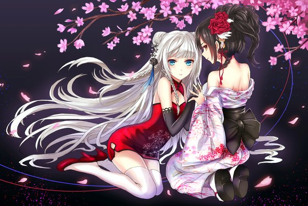 Anime picture 2354x1575 with original nr noir long hair highres blue eyes black hair bare shoulders multiple girls brown eyes white hair traditional clothes japanese clothes hair flower chinese clothes girl thighhighs hair ornament flower (flowers) 2 girls petals