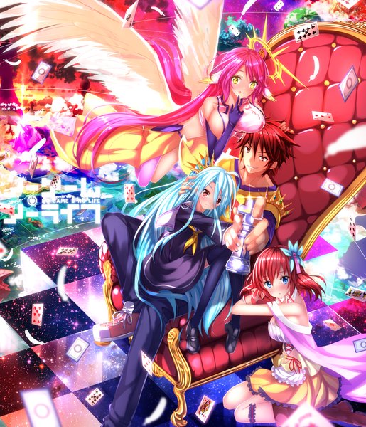 Anime picture 1374x1599 with no game no life madhouse shiro (no game no life) jibril (no game no life) stephanie dora sora (no game no life) swordsouls long hair tall image looking at viewer blush fringe short hair breasts blue eyes light erotic smile hair between eyes red eyes large breasts