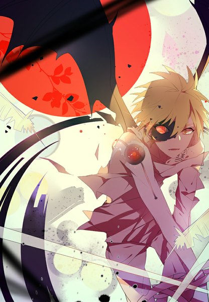 Anime picture 624x900 with noragami studio bones yukine (noragami) zxs1103 single tall image looking at viewer fringe short hair open mouth blonde hair off shoulder orange eyes glowing glowing eye (eyes) boy feather (feathers) child (children)