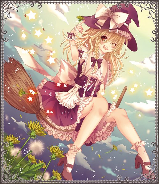 Anime picture 800x930 with touhou kirisame marisa nozomi fuuten single long hair tall image blush fringe open mouth blonde hair sitting cloud (clouds) braid (braids) one eye closed wink maid side braid framed adjusting hat broom riding