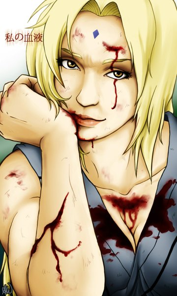 Anime picture 1026x1710 with naruto studio pierrot naruto (series) tsunade single tall image short hair blonde hair brown eyes inscription tattoo girl blood