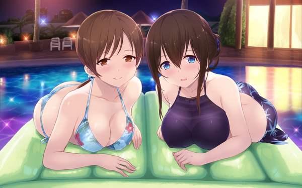 Anime picture 4252x2657 with idolmaster idolmaster cinderella girls idolmaster cinderella girls starlight stage sagisawa fumika nitta minami cait long hair looking at viewer blush fringe highres breasts open mouth blue eyes light erotic smile hair between eyes brown hair wide image large breasts